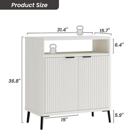 Fatmok Fluted Buffet Cabinet with Storage Set of 2, 31.4" Wide Wood Sideboard Credenza with 2 Doors & Open Storage Shelf, Modern Coffee Bar Table for Living Room Kitchen Dining Room,White