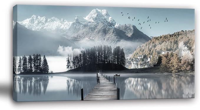 Bamdeya Large Lake Wall Art Mountain Picture Landscape Wall Decor Living Room Nature Canvas Painting Tree Print Scenery Poster Office Artwork for Bedroom Wall Art Home Decoration