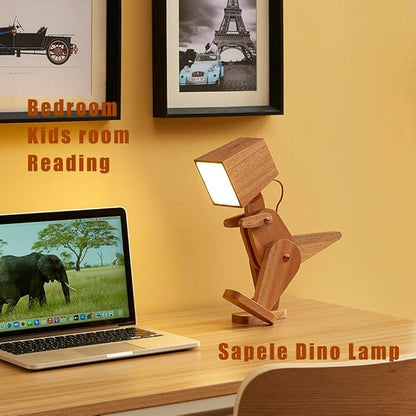 Novelty Cool Wood Dinosaur Table Lamp for Bedroom, Kids Room, Bedside - 3 Levels Dimmable Touch Switch Adjustable Robot Design Natural Finish Desk Light for Living Office Dorm Farmhouse (Brown)