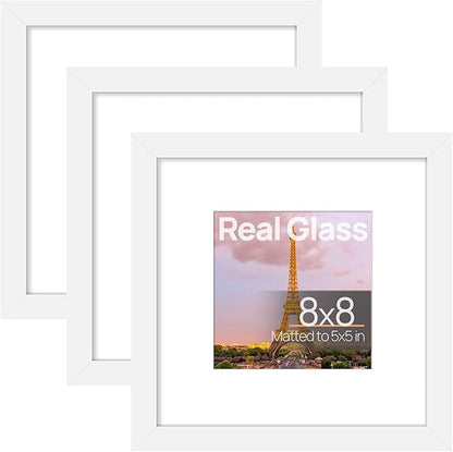 upsimples 8x8 Picture Frame Made of High Definition Glass, Display Pictures 5x5 with Mat or 8x8 Without Mat, Gallery Wall Frame Set, White