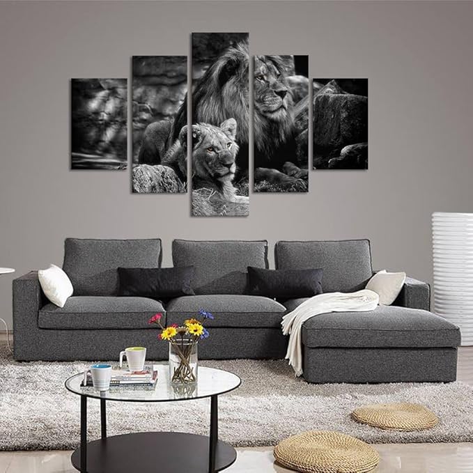 Yatsen Bridge Modern Lion and Lioness Canvas Wall Art 5 Panels Black and White Lions Painting Prints on Posters Easy to Hang for Home Decor - 60''W x 40''H