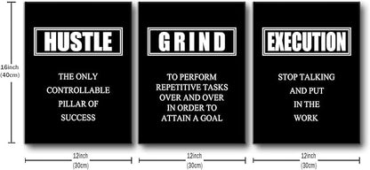 Hustle Grind Execution Inspirational Quotes Poster Motivational Wall Art Decoration Painting 3 Pieces Canvas Print Framed Stretched Artwork Modern Office Home Decor Ready to Hang [36''W X 16''H]