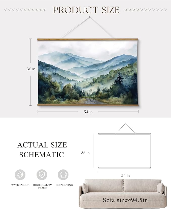 ARPEOTCY Extra Large Vintage Framed Wall Art, 36x54 Inch Watercolor Blue Ridge Mountains Forest Landscape Hanging Framed Canvas Print Art for Living Room Bedroom, Farmhouse Above Bed Wall Decor