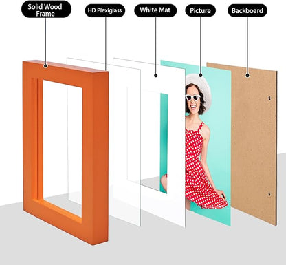 KINLINK 4x6 Frame Orange, Solid Wood 4 x 6 Picture Frame with Acrylic Plexiglass for 3.5x5 with Mat, Tabletop and Wall Display Photo Frames 4x6 Orange, 4 Pack