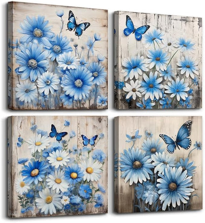 TTHYUEWS Canvas Wall Decor For Bedroom Room Wall Art For Living Room Abstract Blue Flowers Paintings Wall Artworks Hang Pictures For Office Decoration Posters Prints Art Kitchen Home Decor 4 Piece