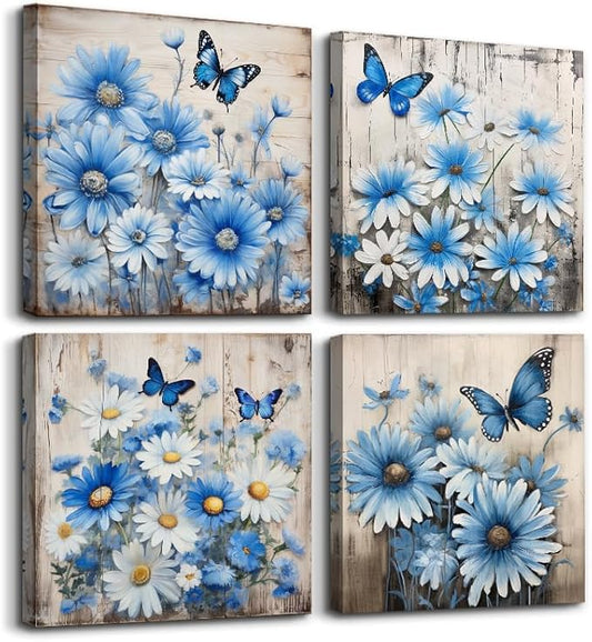TTHYUEWS Canvas Wall Decor For Bedroom Room Wall Art For Living Room Abstract Blue Flowers Paintings Wall Artworks Hang Pictures For Office Decoration Posters Prints Art Kitchen Home Decor 4 Piece
