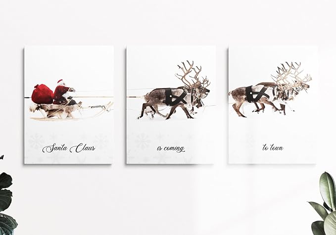 Christmas Wall Art Framed Prints 12x16 Santa Claus Reindeer Sleigh Decoration Aesthetic Ready to Hang Decor Large Xmas Posters Canvas Room Decor Artwork Living Room Set Of 3