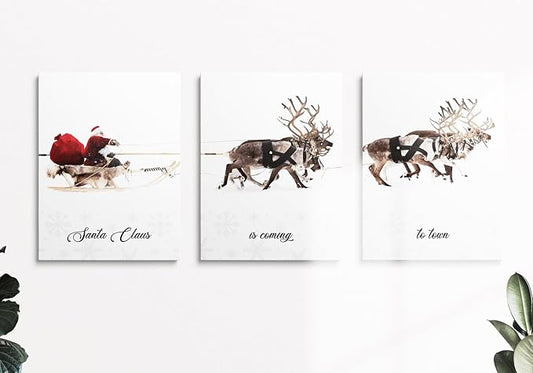 Christmas Wall Art Framed Prints 12x16 Santa Claus Reindeer Sleigh Decoration Aesthetic Ready to Hang Decor Large Xmas Posters Canvas Room Decor Artwork Living Room Set Of 3