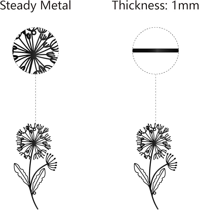 CREATCABIN Dandelion Metal Wall Art Iron Flower Wall Decor Hanging Black Hollow Out Symmetry Silhouette Ornament Iron Sign for Yoga Studio Indoor Outdoor Home Office Decoration Gift Black 11.8x6Inch