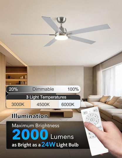 Rayqueen 60 Inch Ceiling Fans with Lights and Remote, 6 Speed Reversible DC Motor, 3CCT Dimmable LED, Modern Brushed Nickel Ceiling Fan for Bedroom, Living room & Covered Outdoor,Includes Downrod