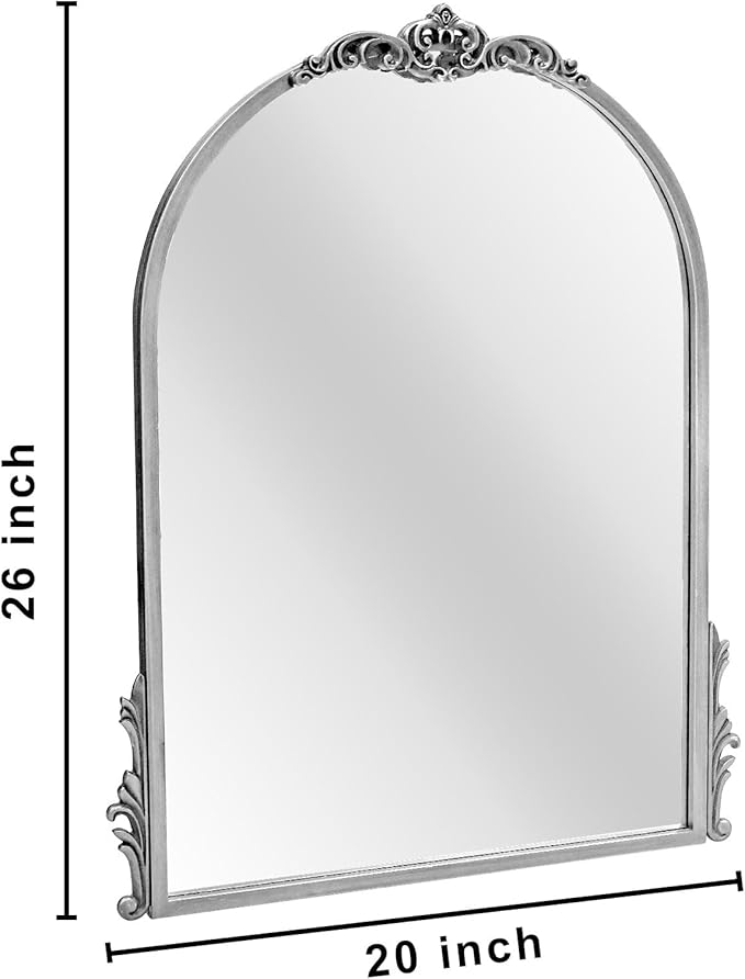 26''x20'' Antique Silver Arched Wall Mirror with Metal Flower Carving Frame, Small Vintage Retro Baroque Mirror Ornate, Vanity Mirror for Bathroom, Fireplace, Entryway, Living Room