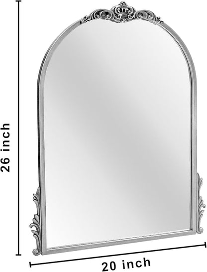 26''x20'' Antique Silver Arched Wall Mirror with Metal Flower Carving Frame, Small Vintage Retro Baroque Mirror Ornate, Vanity Mirror for Bathroom, Fireplace, Entryway, Living Room