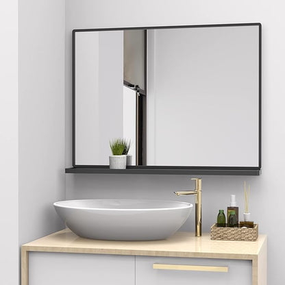 Wall Mirror with Shelf, Rectangle Bathroom Vanity Mirror for Wall, Bathroom Mirrors for Wall, Black Mirror for Bathroom Bedroom Entryway (32'' x 24'')