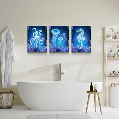 Lapremoly Framed Wall Decor for Living Room Wall Art Paintings For Bedroom Ready To Hang Bathroom Wall Pictures Modern Home Decoration Artworks Blue Ocean Animal Seascape Canvas Prints 3 Pieces