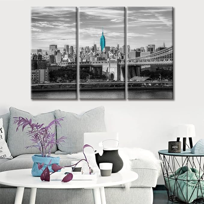 3 Panel New York USA Skyscrapers Landscape Artwork Canvas Wall Art Beautiful Brooklyn Bridge City Skyline Posters and Prints Bathroom Decor Wall Art Print on Canvas Framed Ready to Hang (36"Wx24"H)