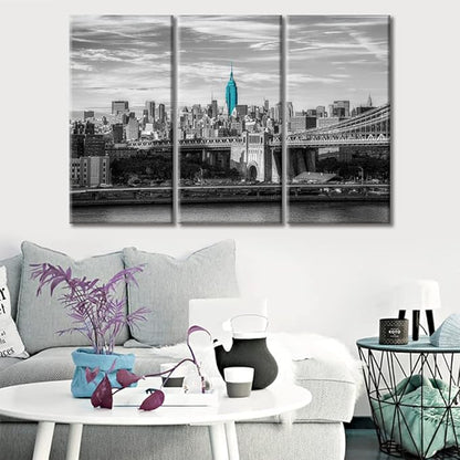 3 Panel New York USA Skyscrapers Landscape Artwork Canvas Wall Art Beautiful Brooklyn Bridge City Skyline Posters and Prints Bathroom Decor Wall Art Print on Canvas Framed Ready to Hang (36"Wx24"H)