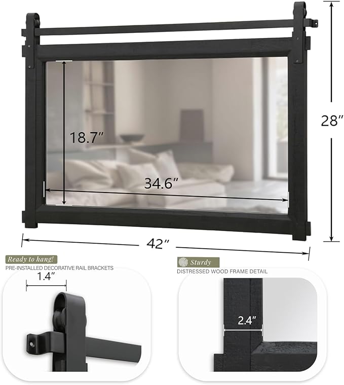 Besdomus Bathroom Black Farmhouse Mirror: 42"x28" Barn Door Rustic Solid Cedar Wood Frame - Wall Decorative Mirror for Fireplace/Living Room/Bathroom Remodel - Modern Farmhouse Decor for Homemakers