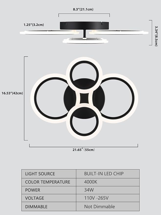 Modern LED Flush Mount Ceiling Light, 4 Rings Black Close to Ceiling Light Fixtures, Kitchen Lighting Fixture Ceiling Lamp for Bedroom, Living Room, Laundry Room, 4000K Not Dimmable