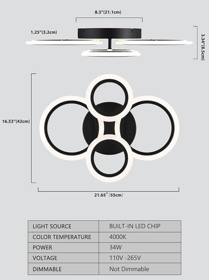 Modern LED Flush Mount Ceiling Light, 4 Rings Black Close to Ceiling Light Fixtures, Kitchen Lighting Fixture Ceiling Lamp for Bedroom, Living Room, Laundry Room, 4000K Not Dimmable