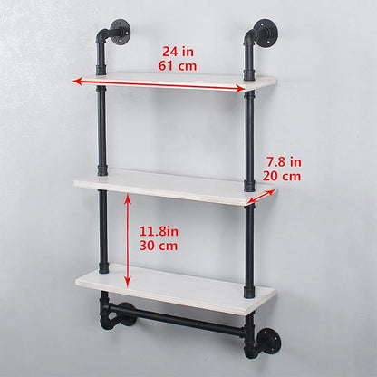 MBQQ Iron Pipe Shelves Industrial Bathroom Shelves with Towel bar,24in Rustic Metal Pipe Floating Shelves Pipe Wall Shelf,3 Tier Industrial Shelf Wall Mounted,Black & White