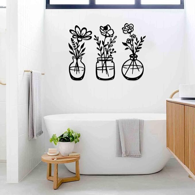 BFORXRO 3 Pieces Metal Flowers Wall Art Decor,Modern Farmhouse Black Wall Decor for New Home Bathroom Kitchen Living Room Bedroom Decoration Vase With Flowers