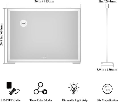 ANYHI Large Vanity Mirror with Lights, 36.2" x 26.8" Hollywood Lighted Vanity Mirror, 10X Magnification, Smart Touch Control, 3 Color Modes, Memory Function,USB Charging, Tabletop or Wall Mount, White