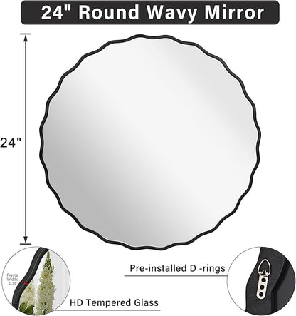 Black Bathroom Mirror for Wall, 24 Inch Round Wavy Mirror with Wood Frame for Bathroom Bedroom Living Room or Entryway(24")
