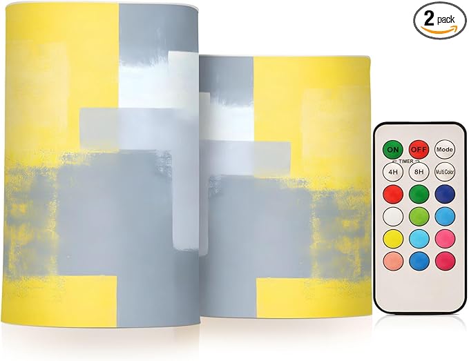 ALAZA Grey and Yellow Abstract Art Painting Flickering Flameless Candles Battery Operated with Remote Timer,Tea Light Candles LED Pillar Votive Candles Set of 2 for Outdoor Indoor Decorations