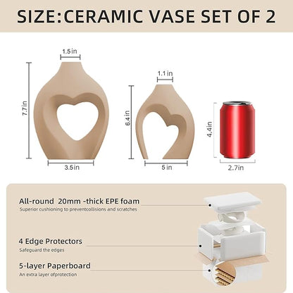 Zormon Brown Vases for Decor, Heart Shaped Ceramic Vase Set of 2, Nordic Heart Shaped Vases, Minimalist Decorative Vase for Table Centerpiece Wedding Dining Living Room Office House Decoration