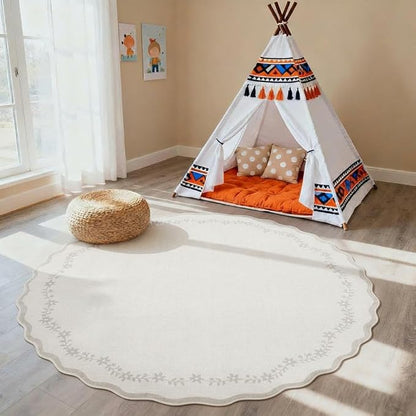GarveeHome Round Area Rugs 6ft for Bedroom, Solid Beige Washable Circle Rug Soft Non Slip Floral Print Floor Mat Leaves Carpet Indoor Thin Rug for Living Room Dining Room Playroom Nursery