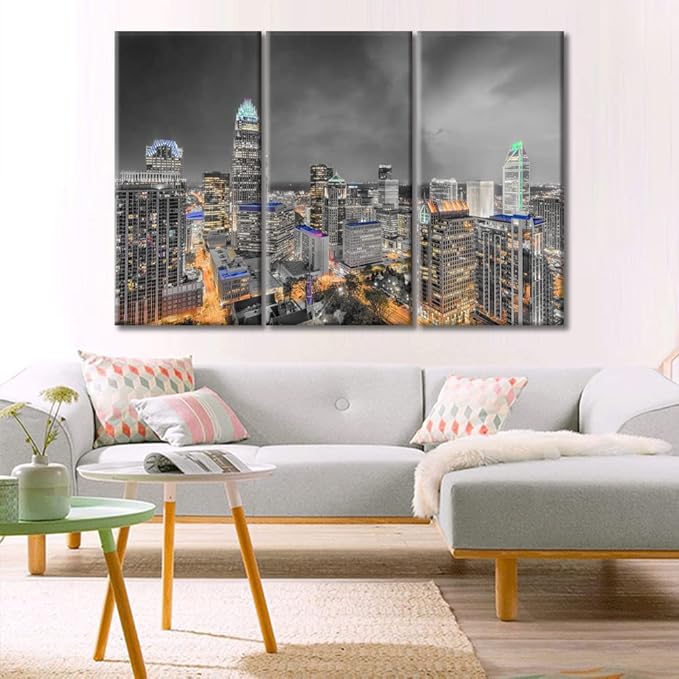 TUMOVO American Cityscape Canvas Paintings Wall Art Charlotte North Carolina Skyline Artwork Pictures Home Decor 3 Pieces Black and White Wall Art Posters and Prints Framed Ready to Hang (42" Wx28 H)