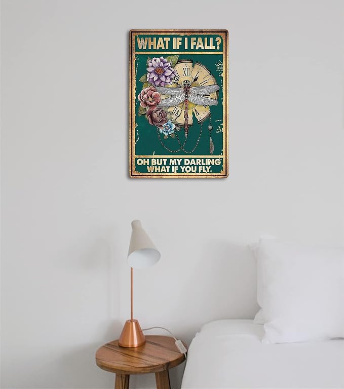 Fmcmly Vintage Tin Signs What If I Fall Dragonfly Decoration Hippie Boho Art Poster Fall Sign Home Kitchen Office Bedroom Cafes Wall Decor 8x12 Inch