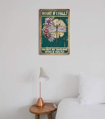 Fmcmly Vintage Tin Signs What If I Fall Dragonfly Decoration Hippie Boho Art Poster Fall Sign Home Kitchen Office Bedroom Cafes Wall Decor 8x12 Inch