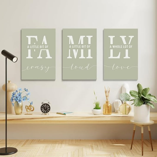 GUBIYU Farmhouse Family Wall Art Set of 3, Home Love Framed Canvas Prints for Living Room, Dining Room Decor, Sage Green 20"X28"