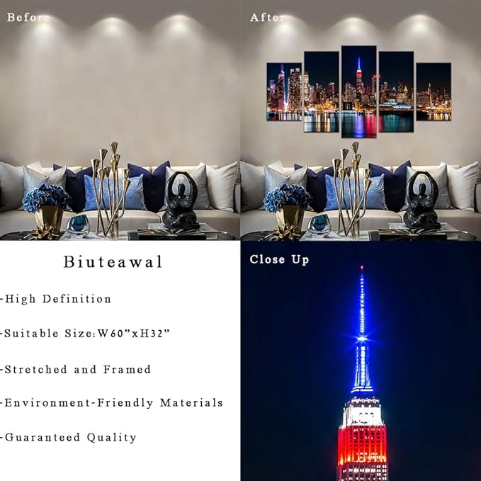 Biuteawal Large 5 Piece New York City Canvas Wall Art Manhattan Skyline at Night Picture Prints Modern Home Office Wall Decoration Gallery Wrapped Ready to Hang