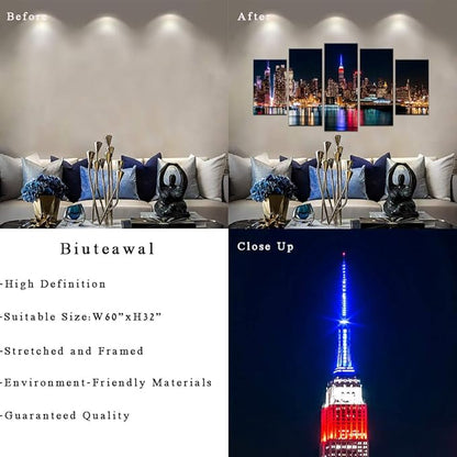 Biuteawal Large 5 Piece New York City Canvas Wall Art Manhattan Skyline at Night Picture Prints Modern Home Office Wall Decoration Gallery Wrapped Ready to Hang
