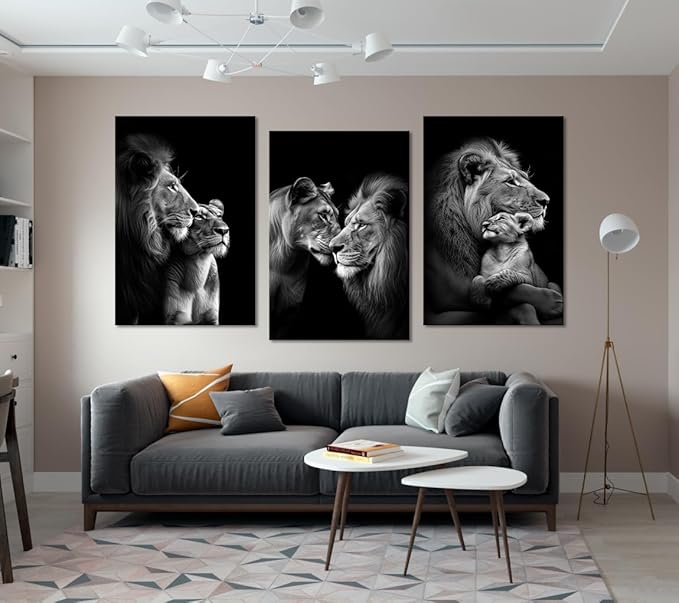 Black and White Lion Wall Art for Living Room Decor 3 Panels Wild Animals Pictures Wall Decor Modern Lion and Lioness Posters Prints Artwork, Framed 24" W x 36" H x 3pcs