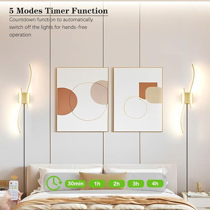 Daunton Modern Plug in Wall Sconce Set of 2, Gold Dimmable LED Wall Light with Remote Control, 3CCT Adjustable & Memory Function, Timer, Plug in Cord Wall Lamp for TV Wall Living Room Hallway Bedroom