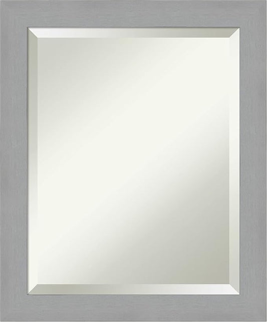 Amanti Art Silver Bathroom Mirror for Over Sink, 23x19 Brushed Nickel Rectangle Vanity Mirror, Small Modern Frame, Hangs Horizonally and Vertically, Bathroom Wall Decor, Beveled Edge