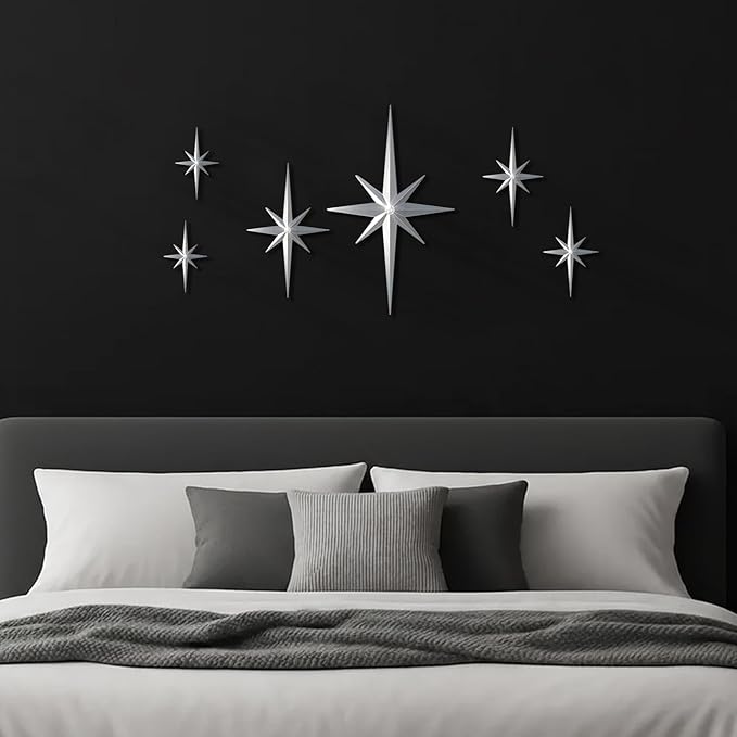 BreezeHug 6 Pcs Mid Century Modern Home Decor Star Art Wall Sculpture with Rhinestone Retro 3D Plastic Star Art Wall Sculpture Bling Diamonds Decor for Home Office Bedroom Entryway(Silver)