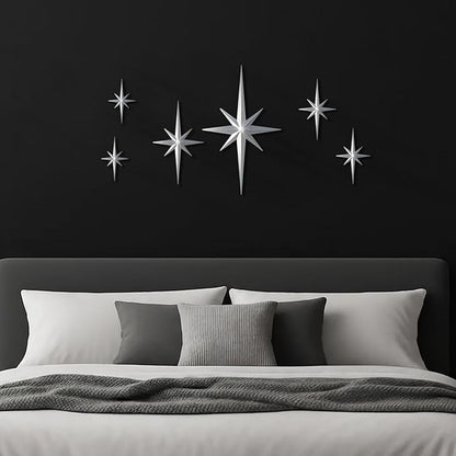 BreezeHug 6 Pcs Mid Century Modern Home Decor Star Art Wall Sculpture with Rhinestone Retro 3D Plastic Star Art Wall Sculpture Bling Diamonds Decor for Home Office Bedroom Entryway(Silver)