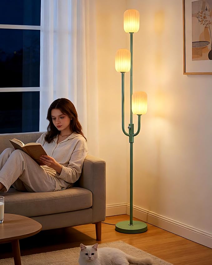 Lightdot 66IN Dimmable Floor Lamp 3-Lights Vintage Green Floor Lamps with Cylindrical Shade& Bulbs Included for Wedding/Party Modern Tall Standing Lamp with 5Lbs Heavy Base for Living Room/Bedroom