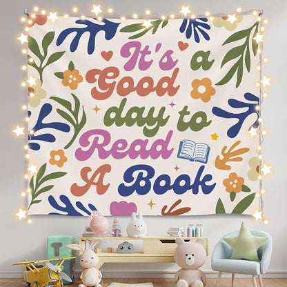 Soft Flannel Wall Tapestry - It's A Good Day to Read A Book - Boho Floral Tapestry Wall Hanging Decor for Bedroom,Living Room,Cozy Aesthetic Home Decoration,Unique Gift For Women 59x51Inch(Colorful-good day)