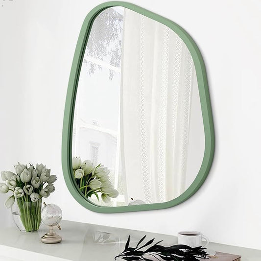 Asymmetrical Mirror for Wall Irregular Accent Wood Frame Modern Unique Wall Mirror Decorative Vanity Bathroom Living Room Bedroom Entryway Hallway Artistic Wavy Mirror Small 16"x12"
