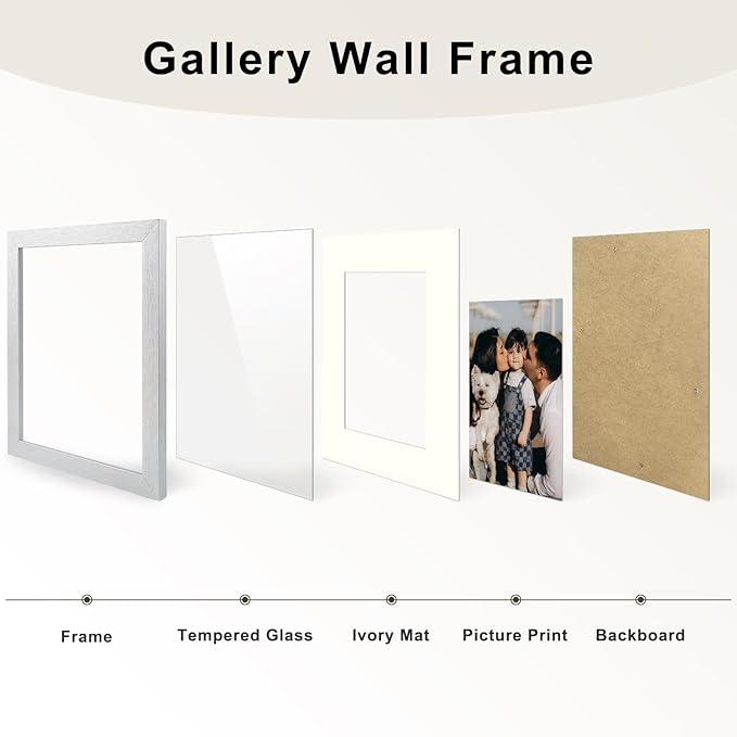 Frametory, Gallery Wall Frame Set of 7 Multiple Sizes 11x14, 8x10, 5x7 Picture Frame Collage with Ivory Color Mat for Prints, with Real Glass (Silver)