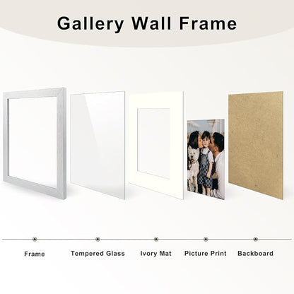 Frametory, Gallery Wall Frame Set of 7 Multiple Sizes 11x14, 8x10, 5x7 Picture Frame Collage with Ivory Color Mat for Prints, with Real Glass (Silver)