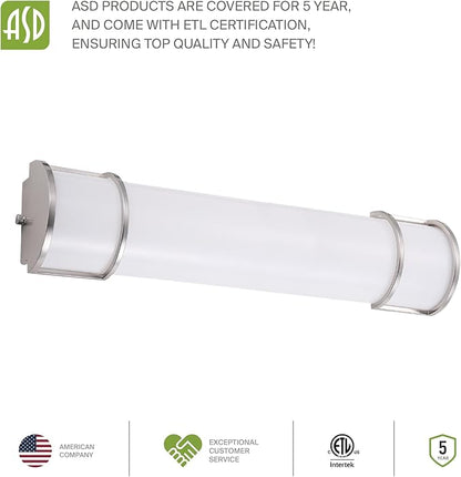 ASD LED 30" Vanity Flush Mount Light Fixture, Linear Bathroom Lighting Bar | 3CCT, Dimmable, Energy Star, ETL Listed | 28W 2425LM 3000-5000K 120V | Long Bath Wall Sconce Over Mirror | Nickel