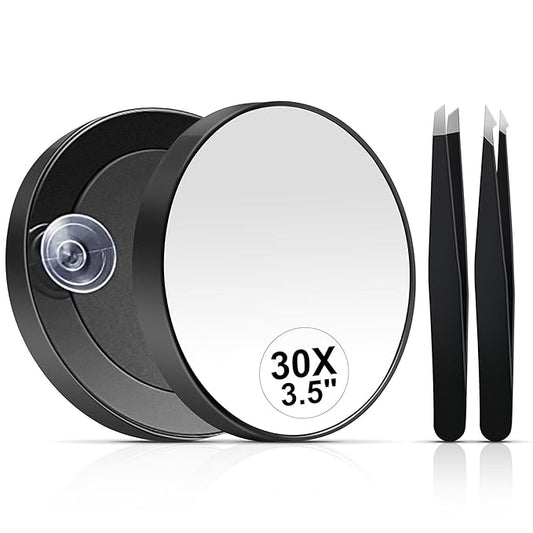MIYADIVA 30X Magnifying Mirror, Small Travel Mirror with Suction Cup and Tweezers, 3.5 Inches