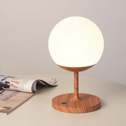 WEILAILUX Cordless Table Lamp with Globe Shade, Rechargeable Dimmable Bedside Light, Shower Lamp Waterproof, Touch Control, 8-72 Hours Runtime, 2700K Warm White for Indoor Outdoor (Wood Grain, Short)