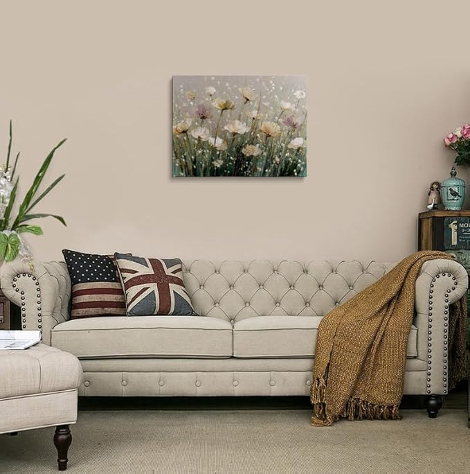 Serene White Lavender Floral Canvas Wall Art Framed Oil Painting Impressionist Botanical Print Thick Textured Artwork Pastel Wall Decor Poster for Calming Bedroom Living Room Home Decor 16x24 Inches